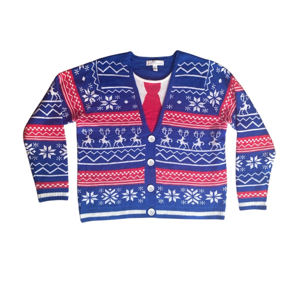 Jolly Sweaters Men’s Fair Isle & Deer Blue & Red Faux Tie Ugly Christmas Sweater